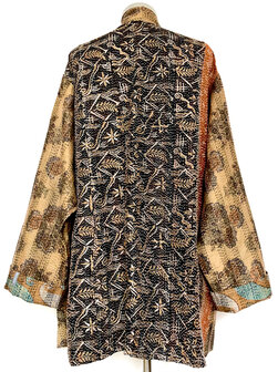 jacket kantha oversized recycled silk 4- black/gold leaves and flowers