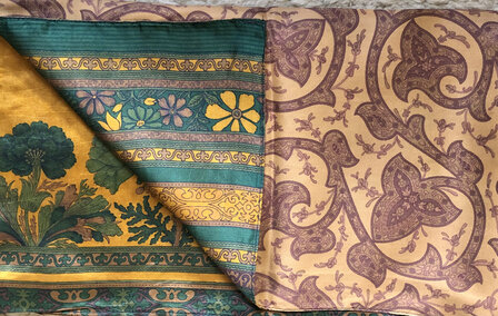 sjaal vintage gerecyclede zijde dubbel 1 -petrol groen/oud paars/goud