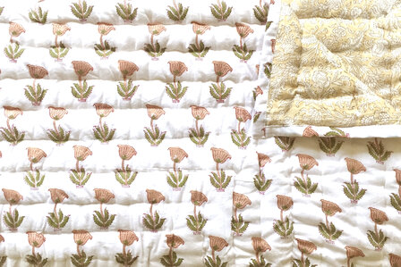 deken quilt eenpersoons reversible blockprint 11- poppy oranje/pastel geel