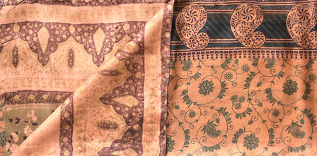 VERKOCHT- sjaal vintage gerecyclede zijde dubbel 10- goudbruin/d.groen/abrikoos oranje/taupe