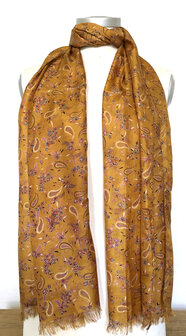 sjaal smal- zijde  met print en franje goudbruin paisley