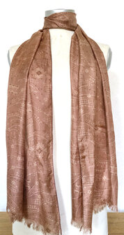 sjaal smal- zijde  met print en franje oud lila/roze 