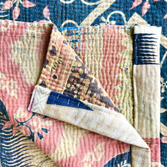 quilt kantha vintage katoen  1- zwart/geel/koraalroze  