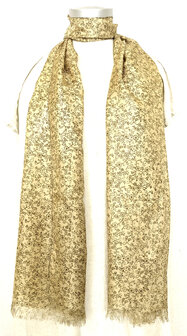 sjaal smal- zijde  met print en franje goud beige/fijne bloemetjes