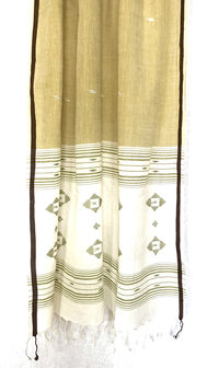 sjaal jamdani voile katoen groot- wit/licht khaki