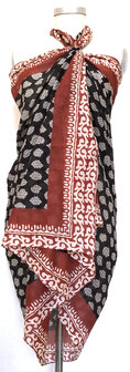 pareo/sarong/sjaal voilekatoen met hand-blockprint ethnic 1-rood/zwart