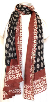 pareo/sarong/sjaal voilekatoen met hand-blockprint ethnic 1-rood/zwart