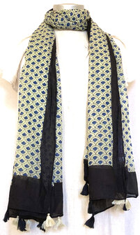 sjaal/pareo/sarong voilekatoen met hand-blockprint ethnic 14-pauwblauw/zwart