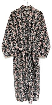 kimono/kamerjas hand blockprint 4- zwart/rood/indigo