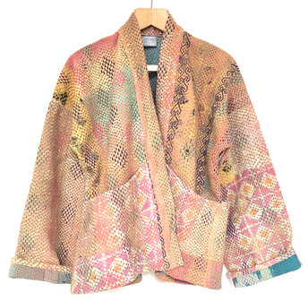  jasje kantha quilt 7- pastel steenoranje/roze- geborduurd