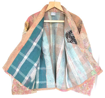  jasje kantha quilt 7- pastel steenoranje/roze- geborduurd