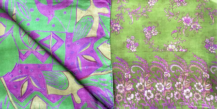 sjaal vintage gerecyclede zijde dubbel 24- fuchsia/groen/roze