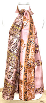 sjaal vintage gerecyclede zijde dubbel 25-pastel roze/geel/warm bruin