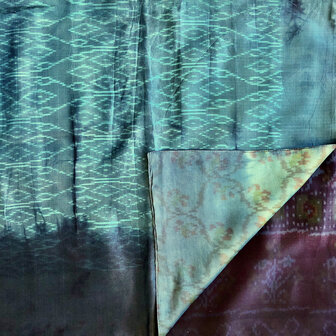 sjaal vintage gerecyclede ikat zijde dubbel 7- nachtblauw/blauw-groen/turquoise/d.paars