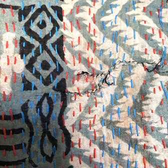 sjaal kantha zijde reversible 1- jeans blauw/steenoranje/roze