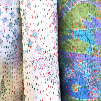 sjaal kantha zijde reversible 4-blauw/paars/goud
