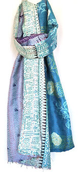 sjaal kantha zijde reversible 7- aqua/lila