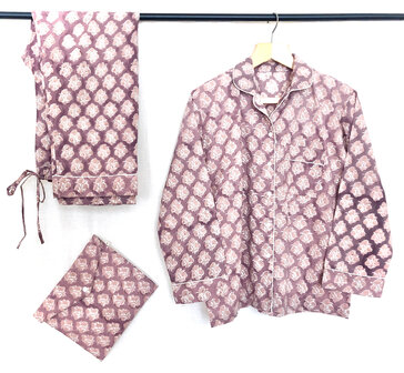 pyjamaset blockprint katoen 1- oud paars/roze