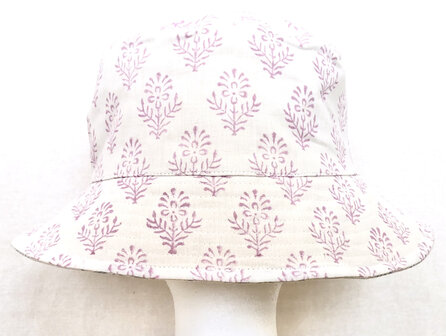 zonnehoedje reversible katoen met hand-blockprint 1- lila/licht blauw