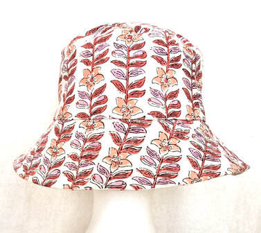 zonnehoedje reversible katoen met hand-blockprint 2- roze/rood
