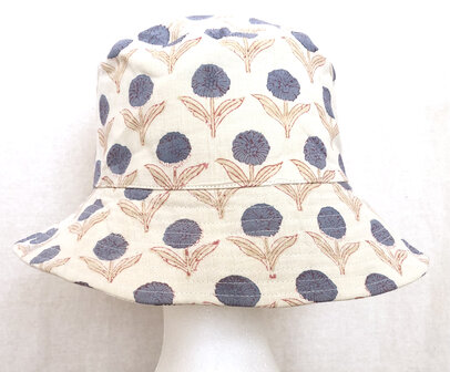zonnehoedje reversible katoen met hand-blockprint 3- blauw/jungle