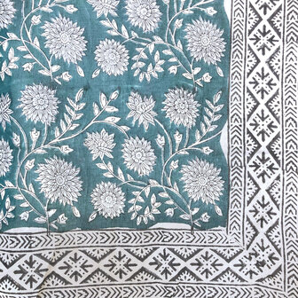  sjaal/pareo/sarong voilekatoen met hand-blockprint ethnic 3- petrol/d.grijs