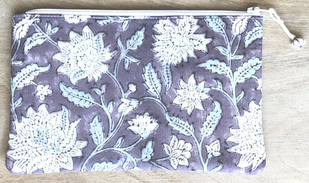 set van 3 etuis /make-up tasjes plat  blockprint -1  grijs/paars/blauw
