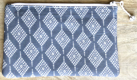 set van 3 etuis /make-up tasjes plat  blockprint -1  grijs/paars/blauw