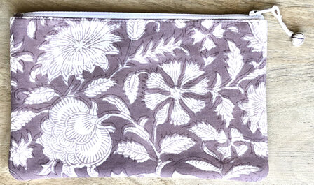 set van 3 etuis /make-up tasjes plat  blockprint 2 -koraal/oud paars/mint