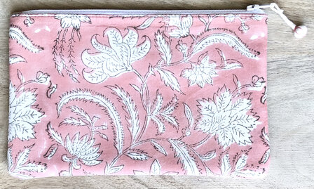 set van 3 etuis /make-up tasjes plat  blockprint 2 -koraal/oud paars/mint