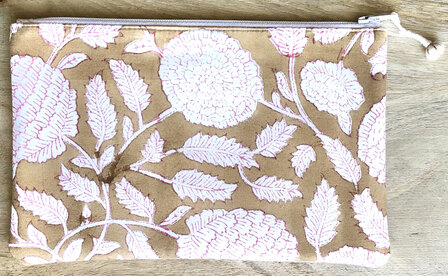 set van 3 etuis /make-up tasjes plat  blockprint  4 -caramel-roze/geel/koffie