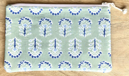 set van 3 etuis /make-up tasjes plat  blockprint 5--zeegroen/blauw-groen/oud groen