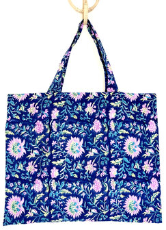  tote bag/tas katoen handblockprint 1- blauw/roze