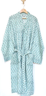  kimono/kamerjas L/XL hand blockprint  10- petrol/turquoise
