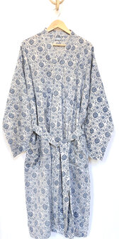  kimono/kamerjas L/XL hand blockprint  11- taupe-grijs/blauw/wit