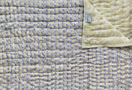 deken quilt eenpersoons reversible blockprint 4- grijsblauw-geel/mosterd-wit