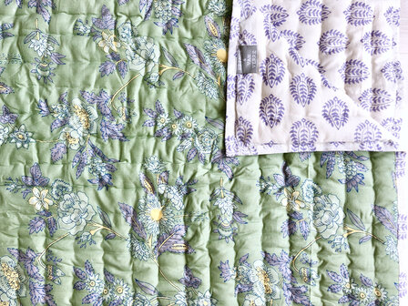 UITVERKOCHT- deken quilt eenpersoons reversible blockprint 5- lila-pastelgroen-geel-/lila-wit