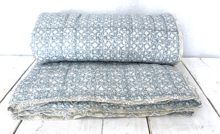 deken quilt eenpersoons reversible blockprint 1- l. petrol/l.blauw-zandgeel
