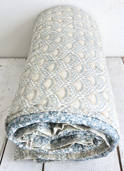 deken quilt eenpersoons reversible blockprint 1- l. petrol/l.blauw-zandgeel