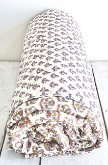 deken quilt eenpersoons reversible blockprint 2- roze-khaki-l.blauw/paars