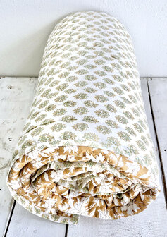 deken quilt eenpersoons reversible blockprint 3- caramel/pastelgroen-beige