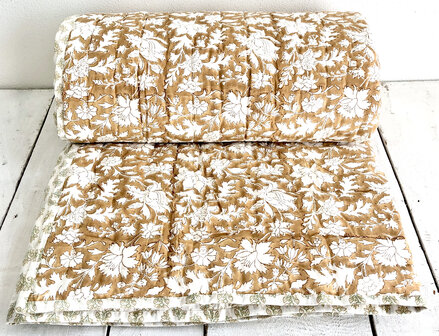 deken quilt eenpersoons reversible blockprint 3- caramel/pastelgroen-beige