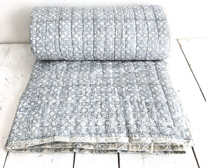 deken quilt eenpersoons reversible blockprint 4- grijsblauw-geel/mosterd-wit