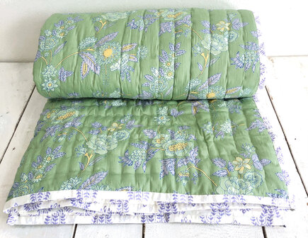 UITVERKOCHT- deken quilt eenpersoons reversible blockprint 5- lila-pastelgroen-geel-/lila-wit