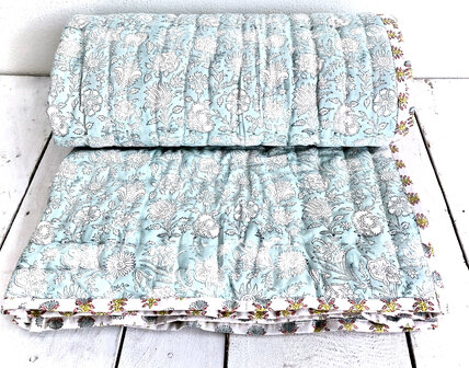 deken quilt eenpersoons reversible blockprint 6- l.aqua/roze-khaki-l.blauw