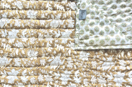 deken quilt eenpersoons reversible blockprint 3- caramel/pastelgroen-beige