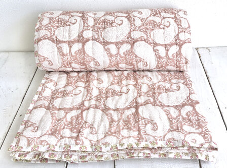 deken quilt eenpersoons reversible blockprint 7- paisley oud roze/off-white-groen