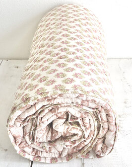 deken quilt eenpersoons reversible blockprint 7- paisley oud roze/off-white-groen