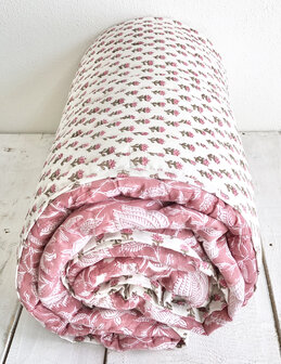 deken quilt eenpersoons reversible blockprint 8 -framboosrood/roze-groen 