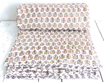 deken quilt eenpersoons reversible blockprint 2- roze-khaki-l.blauw/paars